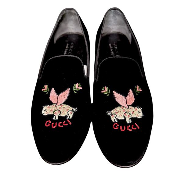 Gucci Flying Pig Embroidered Men\'s 7.5 Black Velvet Loafers Slippers Luxury main image 7